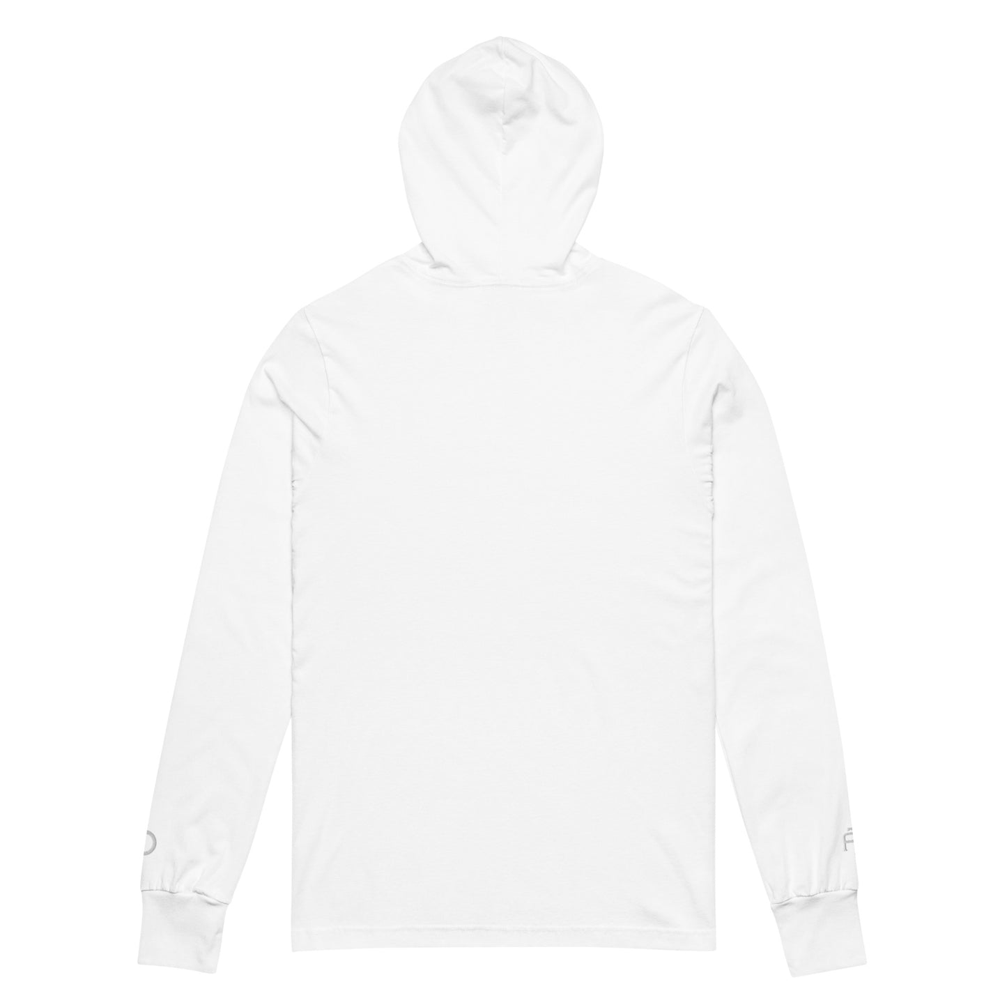 Lightweight Hooded Long sleeve cotton shirt in white heather with white embroidery - An Athlete Trains. Back view