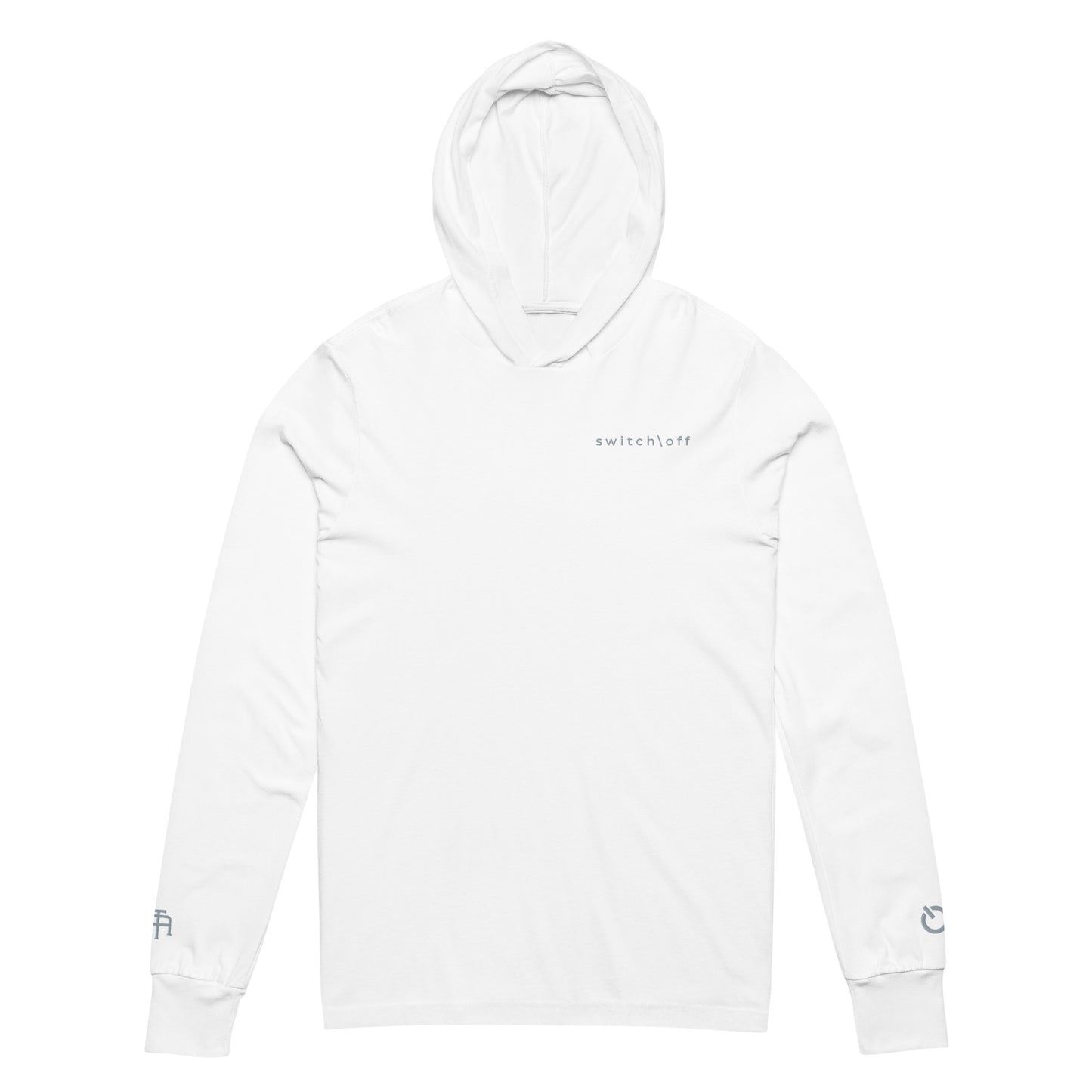 Lightweight Hooded Long sleeve cotton shirt in white with gray switch\off embroidery - An Athlete Trains. Front view