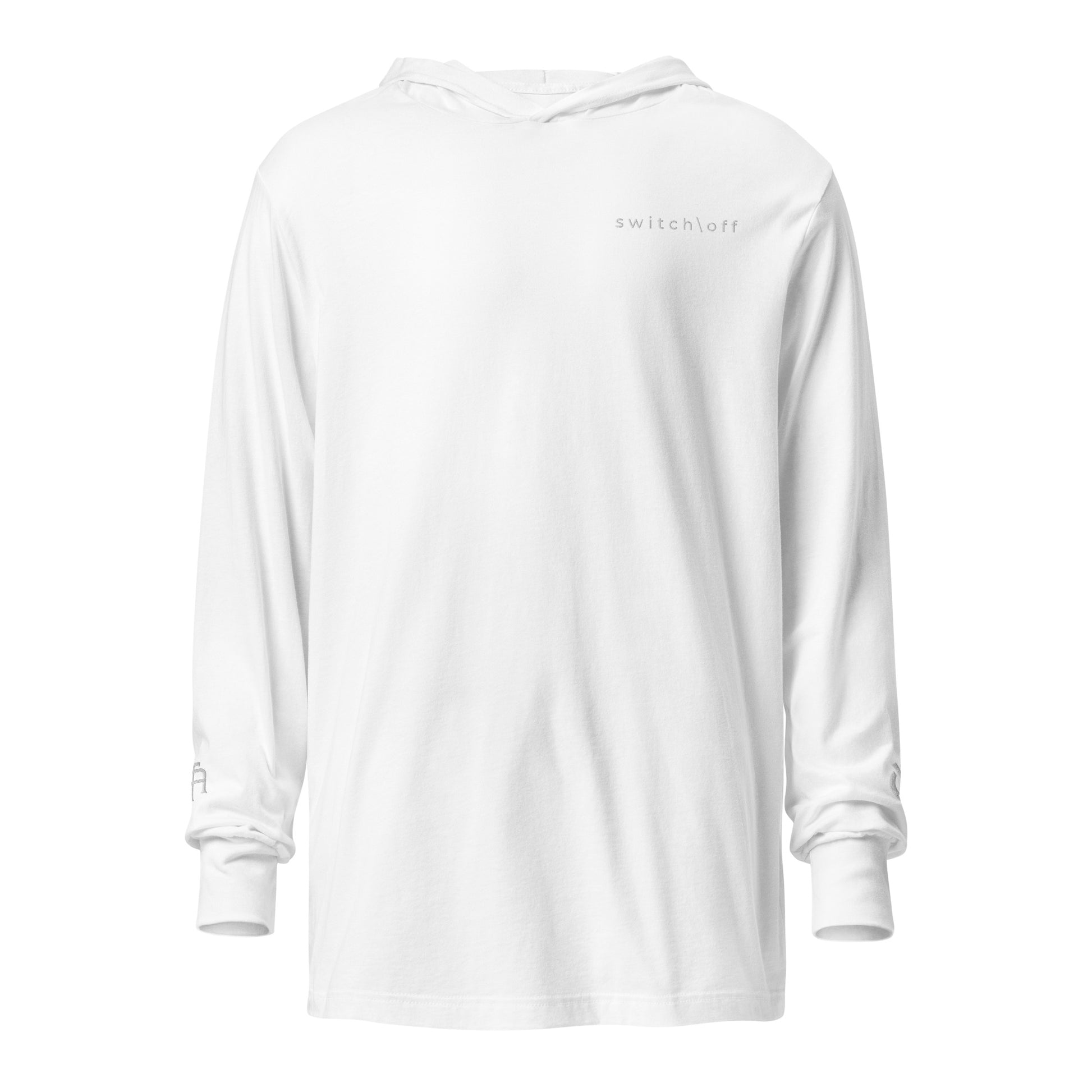 Lightweight Hooded Long sleeve cotton shirt in white with white switch\off embroidery - An Athlete Trains. Front view