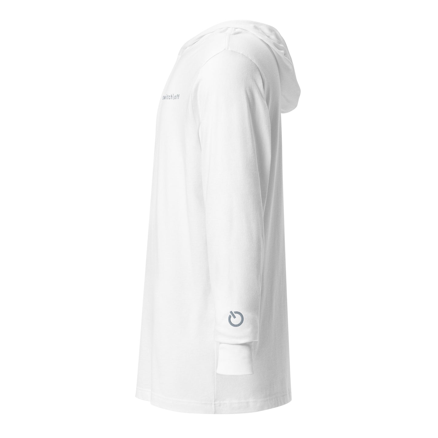 Lightweight Hooded Long sleeve cotton shirt in white with gray embroidery - An Athlete Trains. Side view