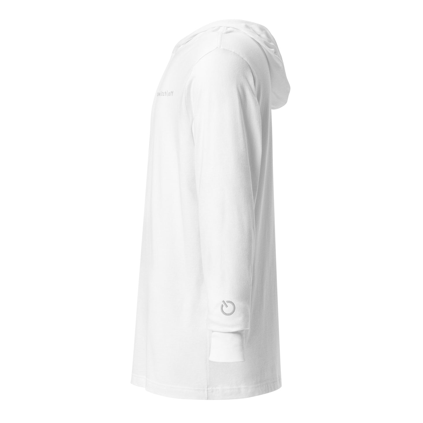 Lightweight Hooded Long sleeve cotton shirt in white with white embroidery - An Athlete Trains. Side view