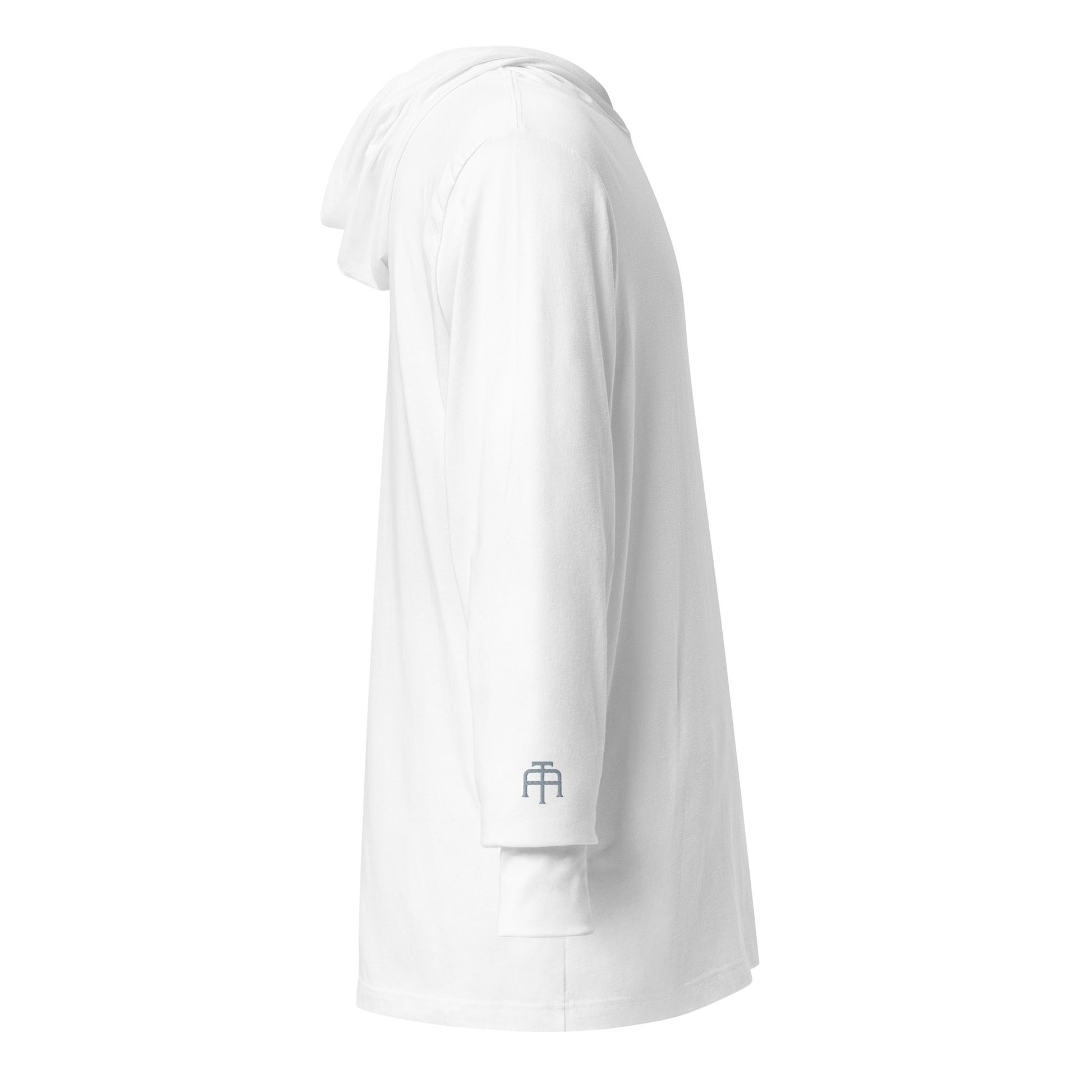 Lightweight Hooded Long sleeve cotton shirt in white with gray embroidery - An Athlete Trains. Side view
