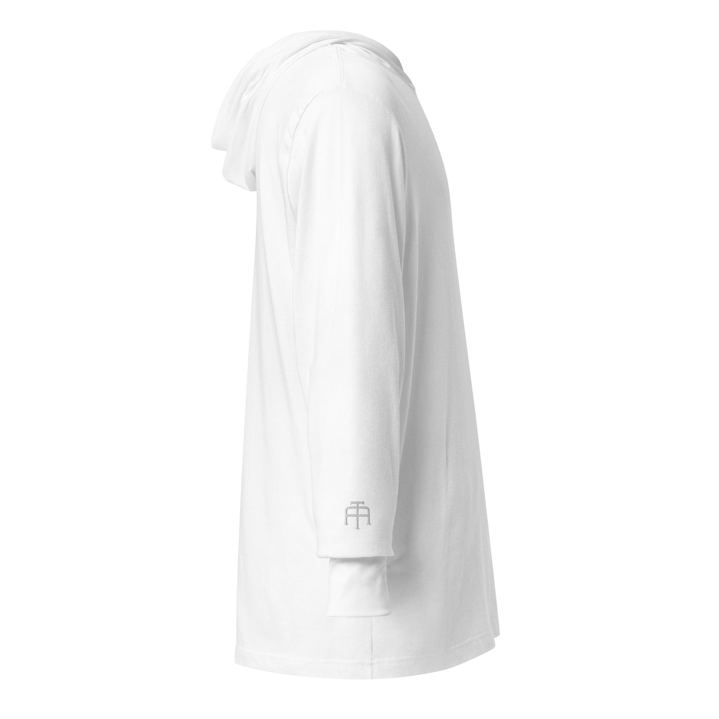 Lightweight Hooded Long sleeve cotton shirt in white with white embroidery - An Athlete Trains. Side view