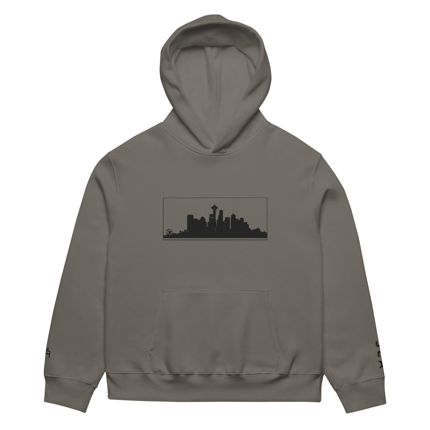 Gray Seattle Edition oversized heavyweight hoodie featuring relaxed PNW style and embroidered Seattle skyline | Our City | An Athlete Trains
