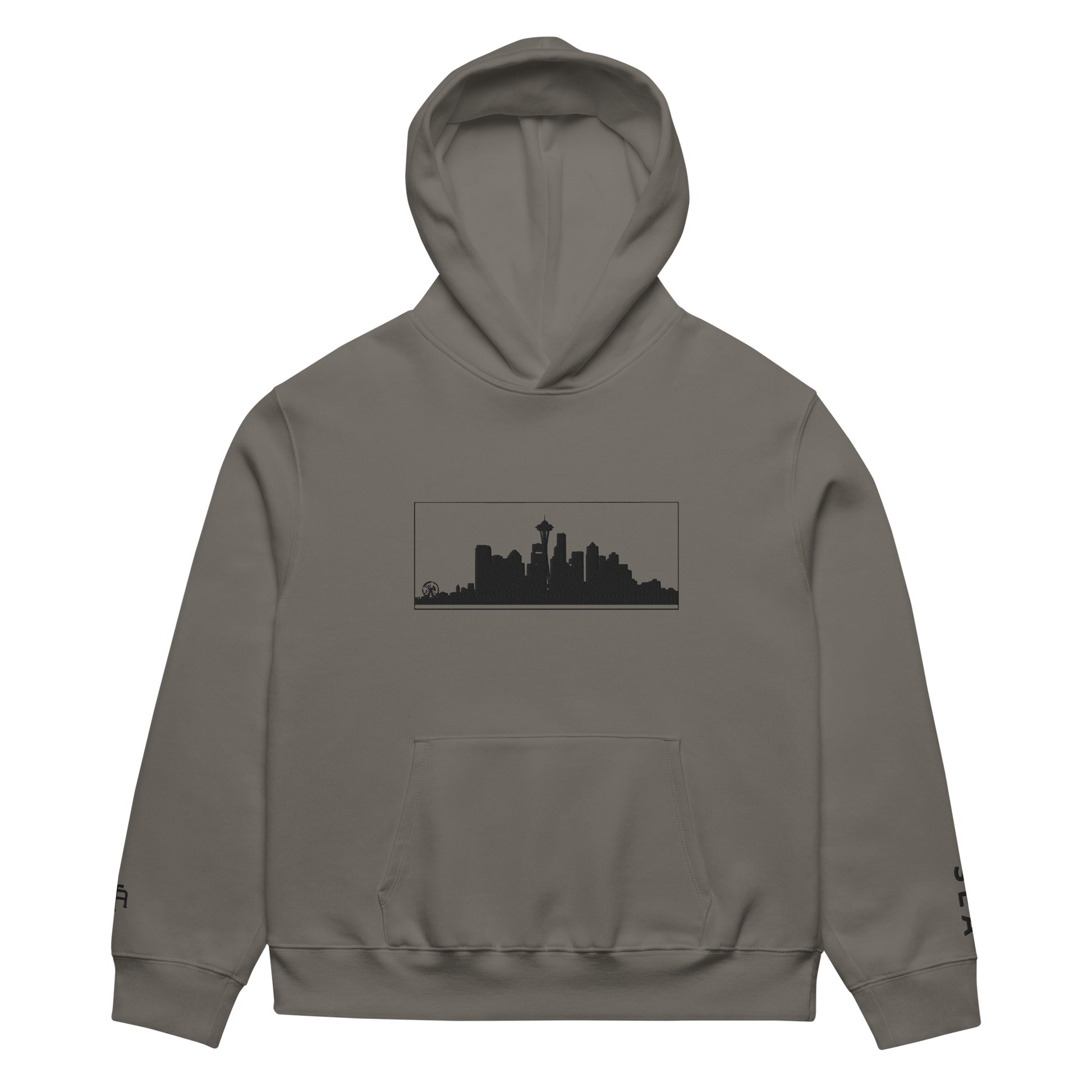 Gray Seattle Edition oversized heavyweight hoodie featuring relaxed PNW style and embroidered Seattle skyline | Our City | An Athlete Trains