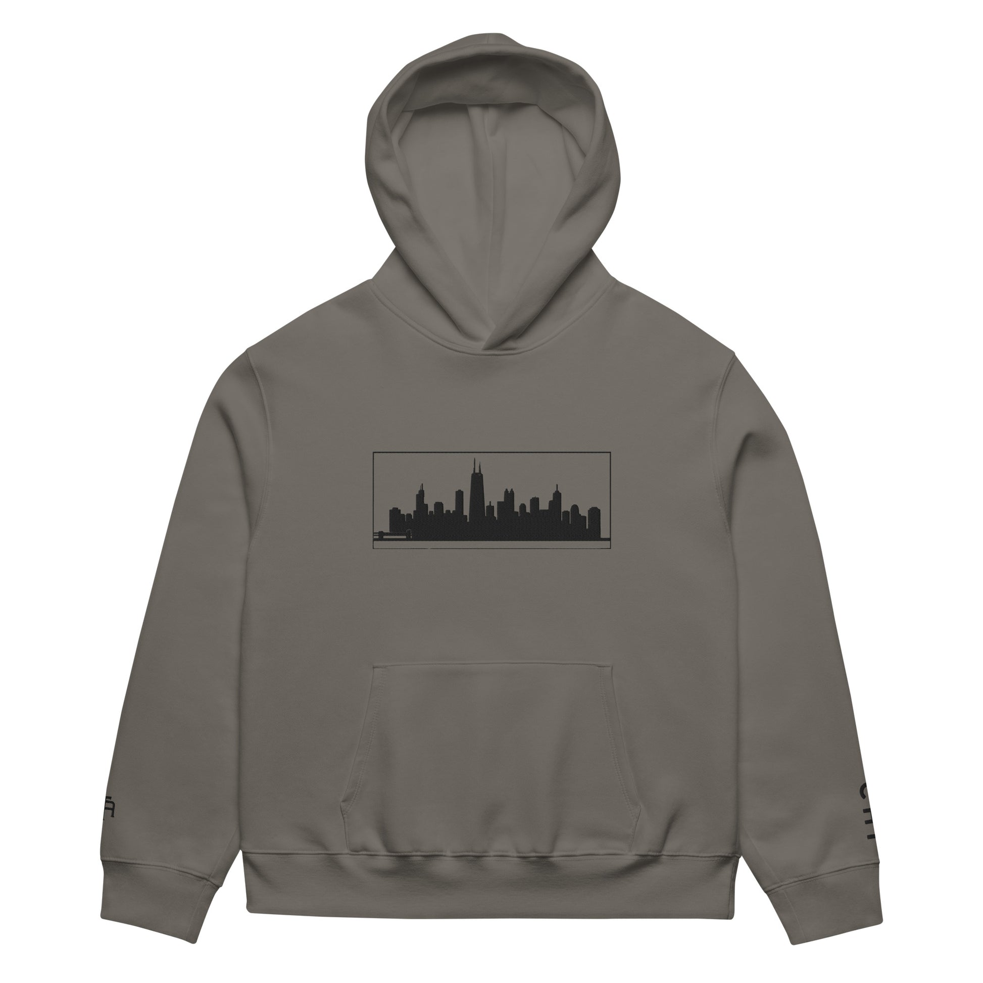 Gray Chicago Edition oversized 10oz hoodie featuring relaxed fit and high-density Chicago skyline embroidery | Our City | An Athlete Trains