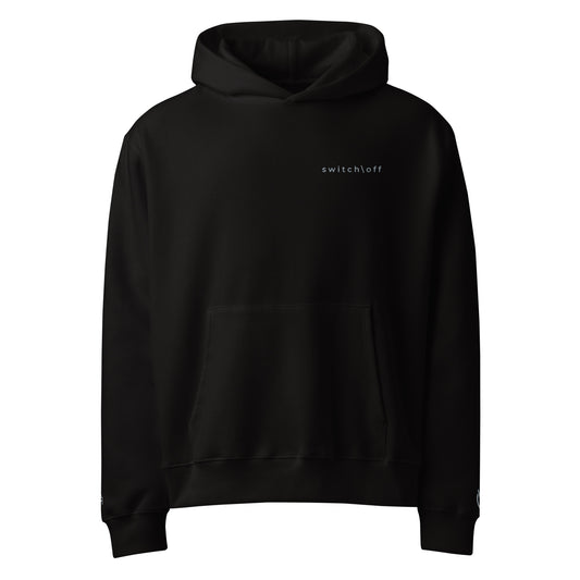 Oversized ultra soft brushed fleece heavyweight 10 oz hoodie in black with gray switch\off and logo embroidery - An Athlete Trains.