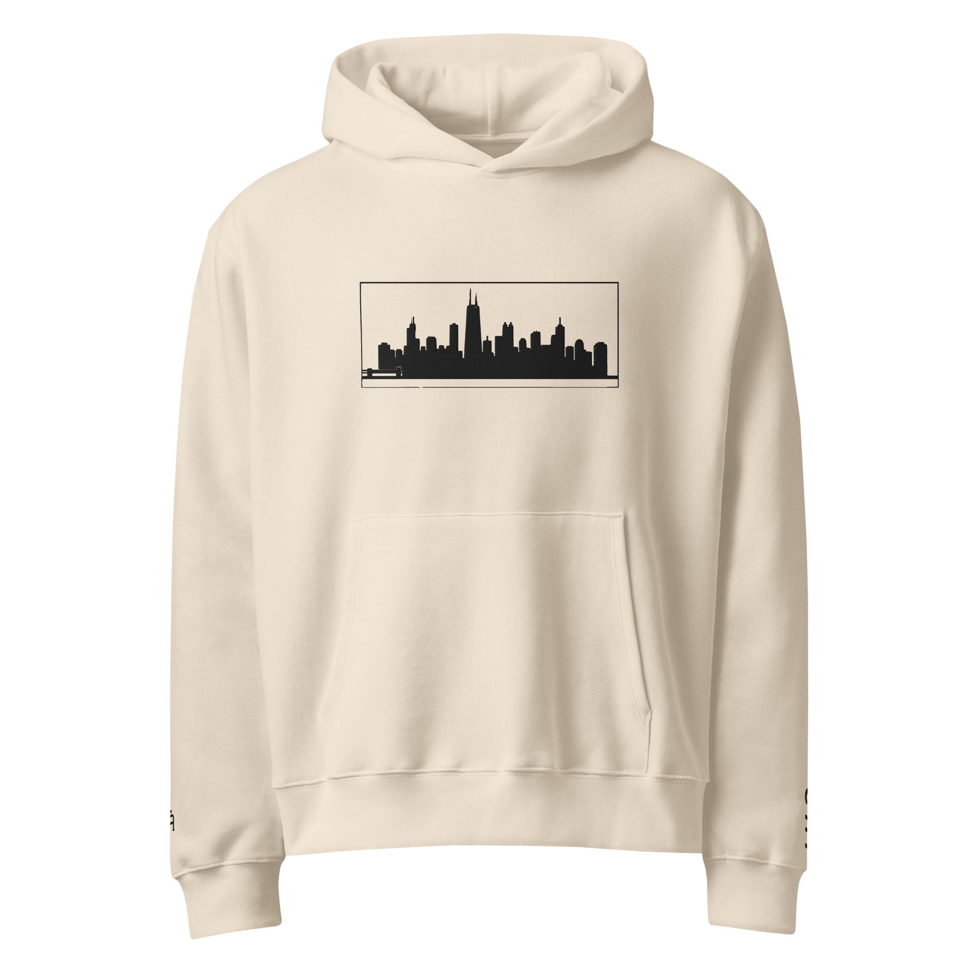 Dust Color Chicago Edition oversized 10oz hoodie featuring relaxed fit and high-density Chicago skyline embroidery | Our City | An Athlete Trains