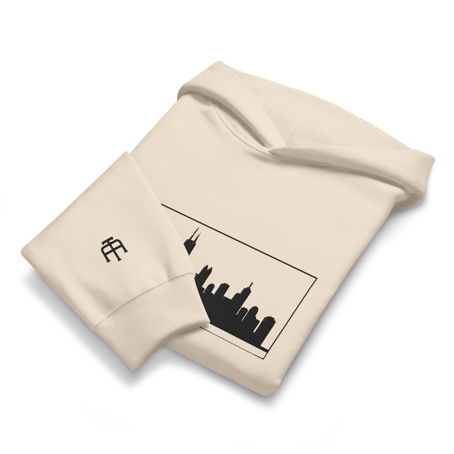 Dust Color Chicago Edition oversized 10oz hoodie featuring relaxed fit and high-density Chicago skyline embroidery | Our City | An Athlete Trains