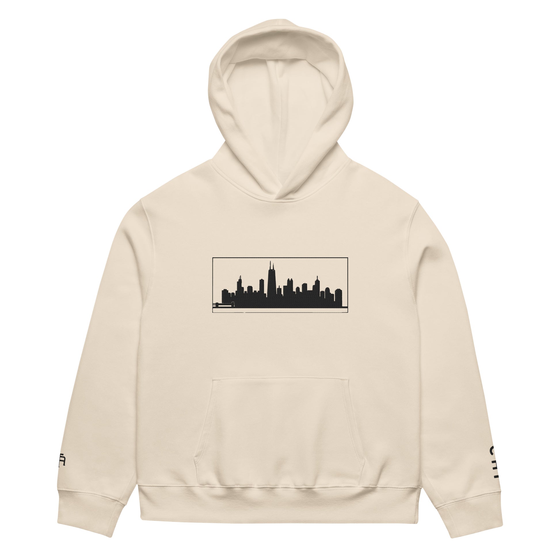 Dust Color Chicago Edition oversized 10oz hoodie featuring relaxed fit and high-density Chicago skyline embroidery | Our City | An Athlete Trains