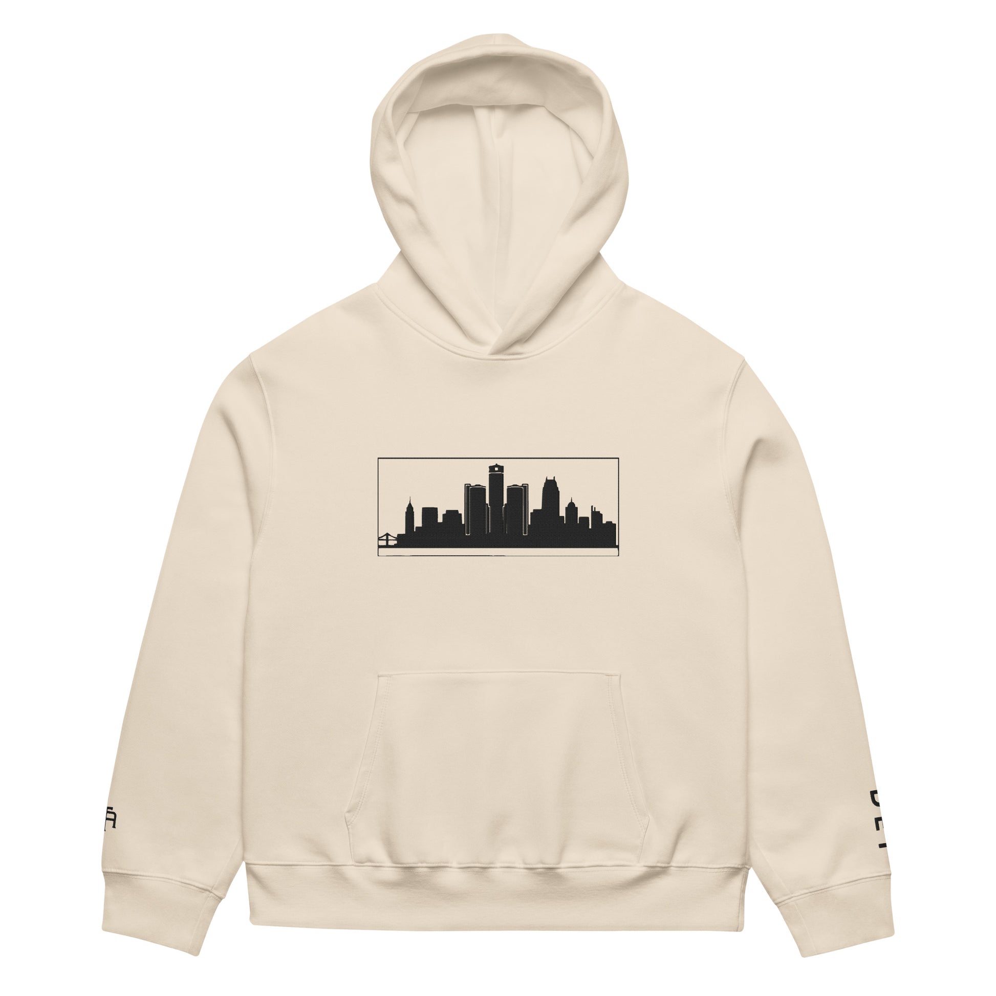 Dust color Detroit Edition oversized heavyweight hoodie with dropped shoulders and embroidered Detroit skyline | Our City | An Athlete Trains