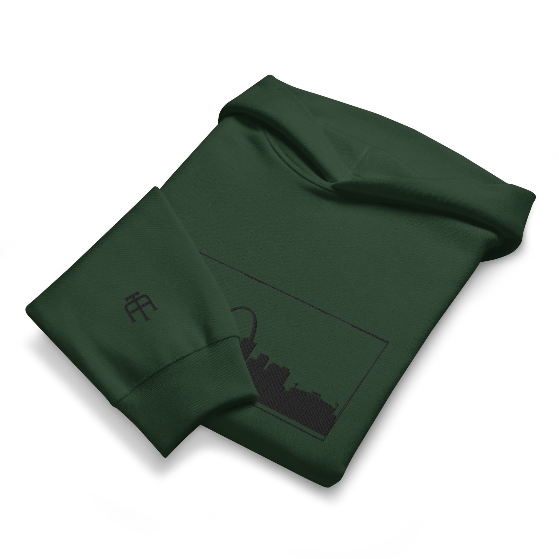 Forest Green St. Louis Edition oversized heavyweight hoodie featuring relaxed fit and Gateway Arch skyline embroidery | Our City | An Athlete Trains