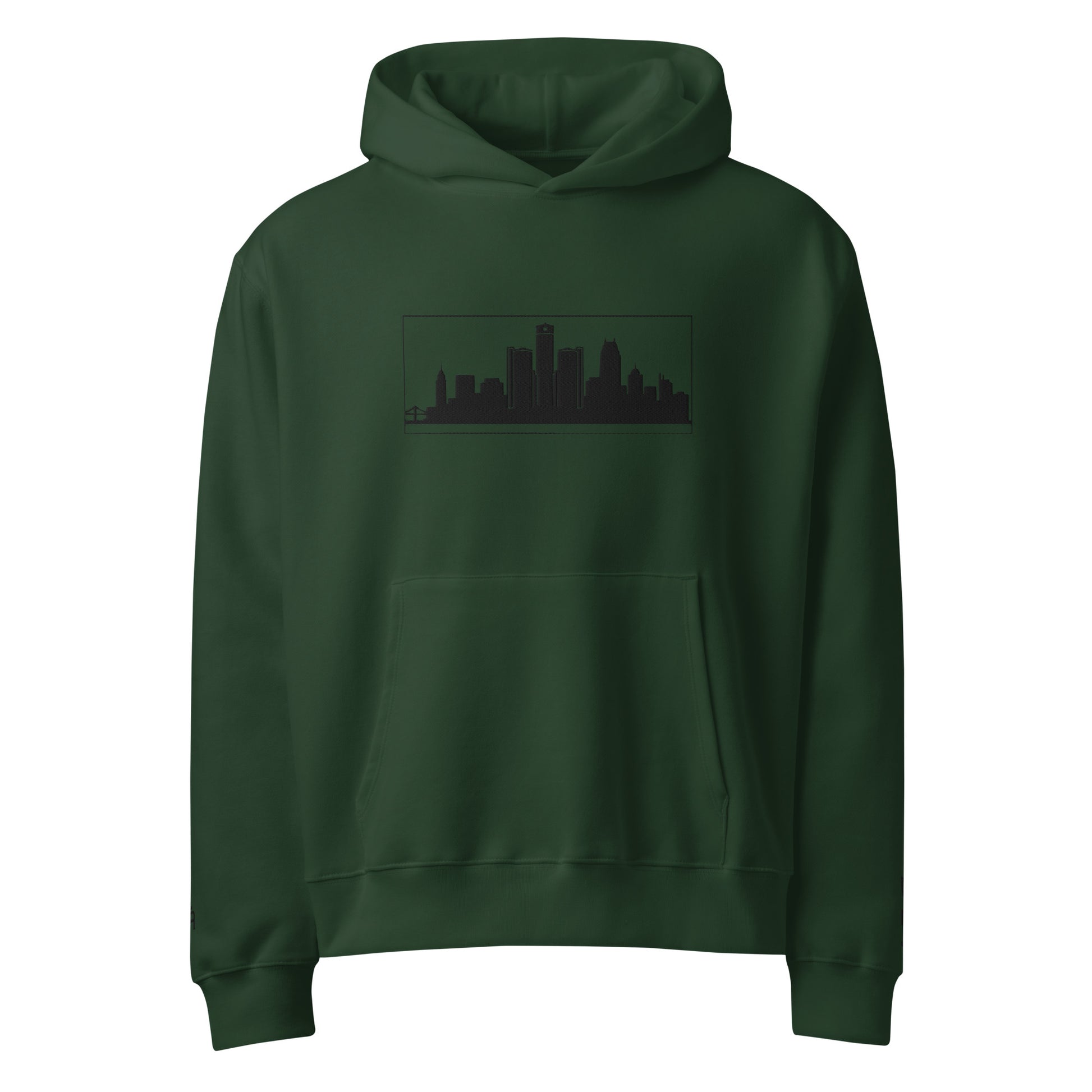 Forest green Detroit Edition oversized heavyweight hoodie with dropped shoulders and embroidered Detroit skyline | Our City | An Athlete Trains