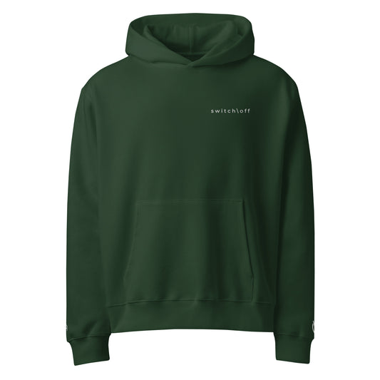 Oversized ultra soft brushed fleece heavyweight 10 oz hoodie in forest green with white switch\off and logo embroidery - An Athlete Trains.