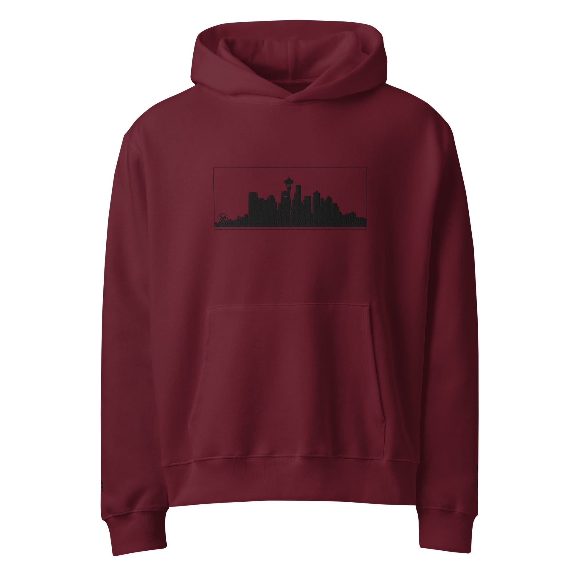 Maroon Seattle Edition oversized heavyweight hoodie featuring relaxed PNW style and embroidered Seattle skyline | Our City | An Athlete Trains