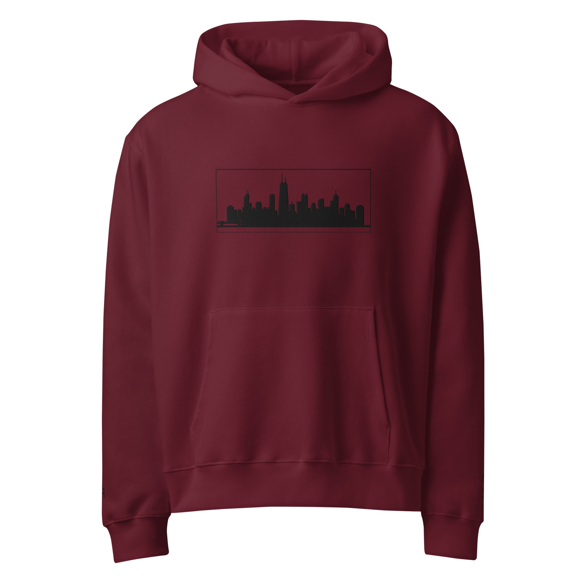 Maroon Chicago Edition oversized 10oz hoodie featuring relaxed fit and high-density Chicago skyline embroidery | Our City | An Athlete Trains