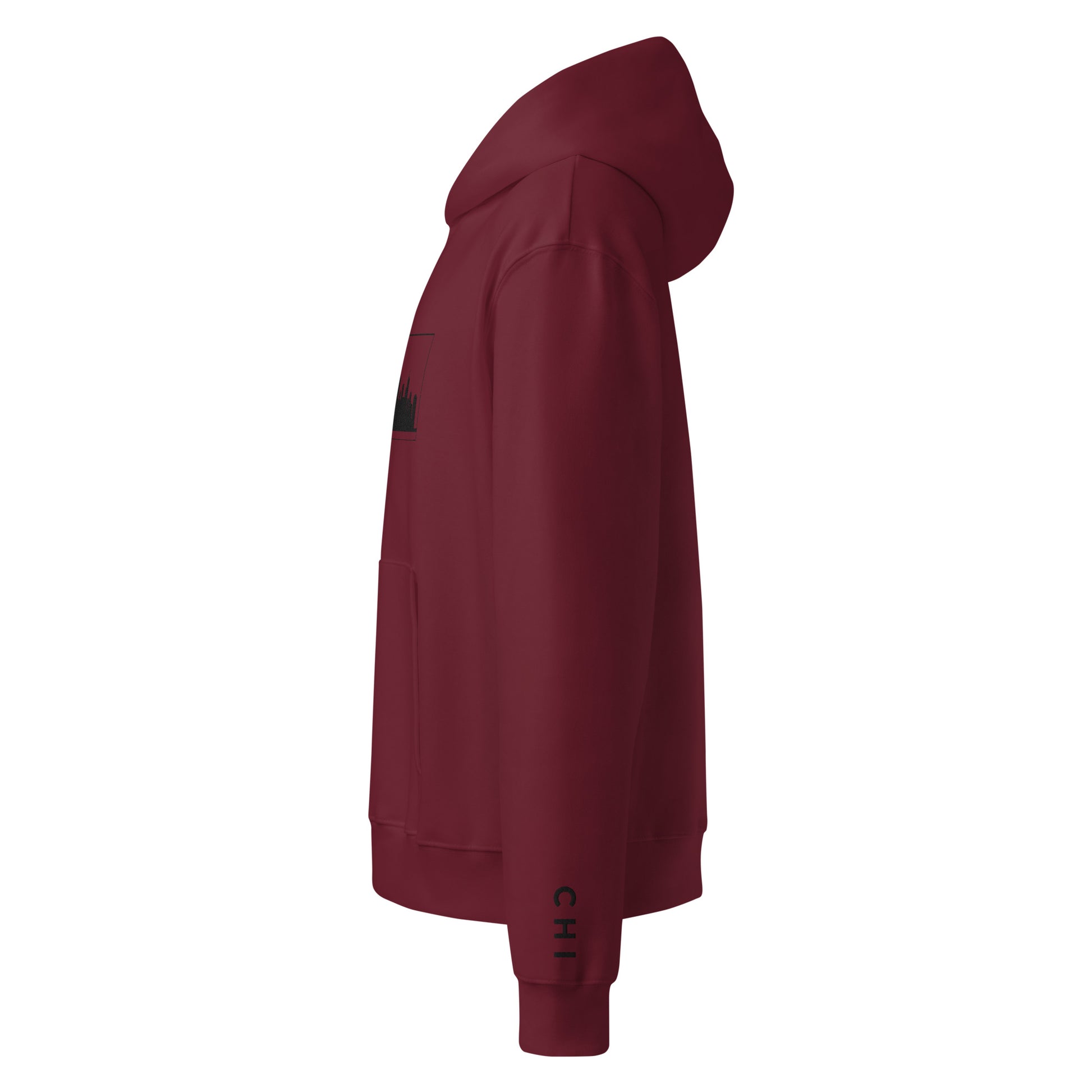 Maroon Chicago Edition oversized 10oz hoodie featuring relaxed fit and high-density Chicago skyline embroidery | Our City | An Athlete Trains