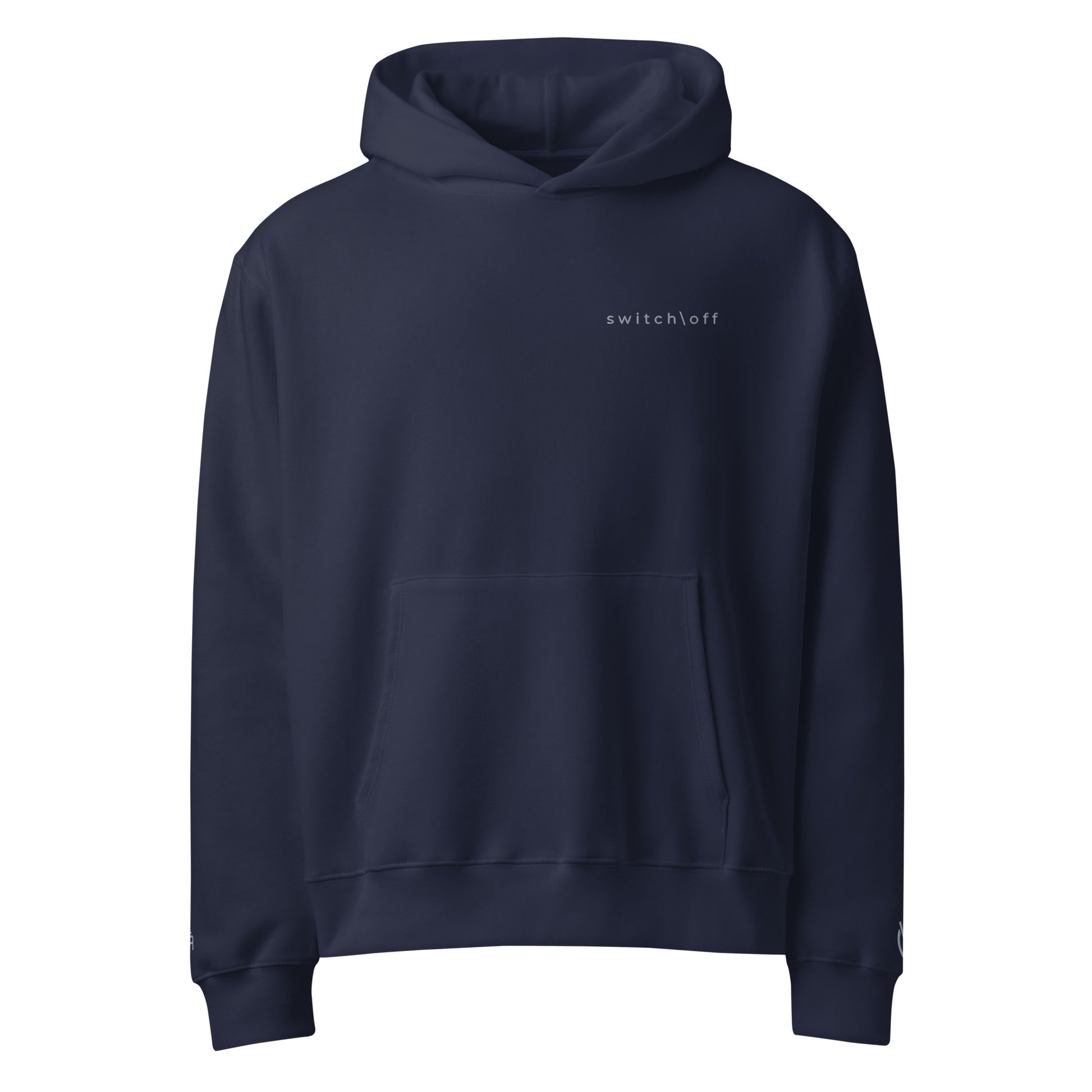 Oversized ultra soft brushed fleece heavyweight 10 oz hoodie in navy with gray switch\off and logo embroidery - An Athlete Trains.