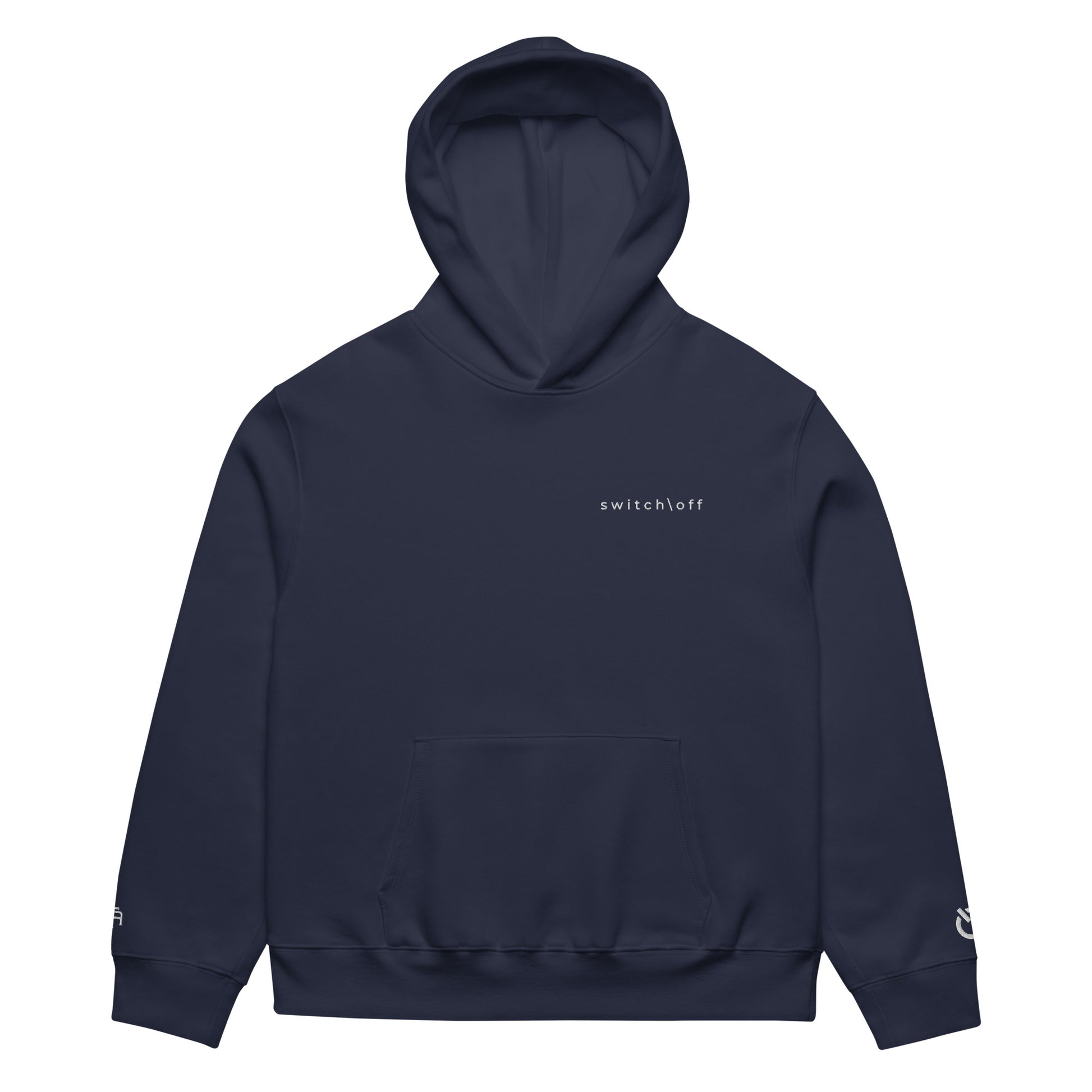 Oversized ultra soft brushed fleece heavyweight 10 oz hoodie in navy with white switch\off and logo embroidery - An Athlete Trains.