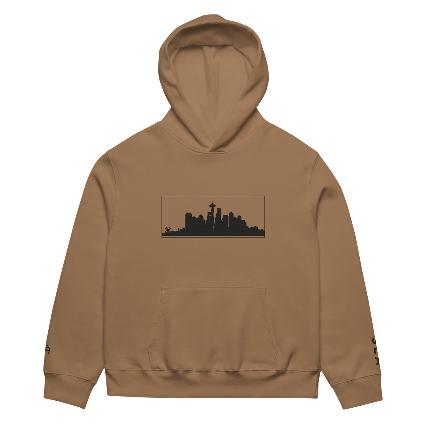 Vintage Brown Seattle Edition oversized heavyweight hoodie featuring relaxed PNW style and embroidered Seattle skyline | Our City | An Athlete Trains