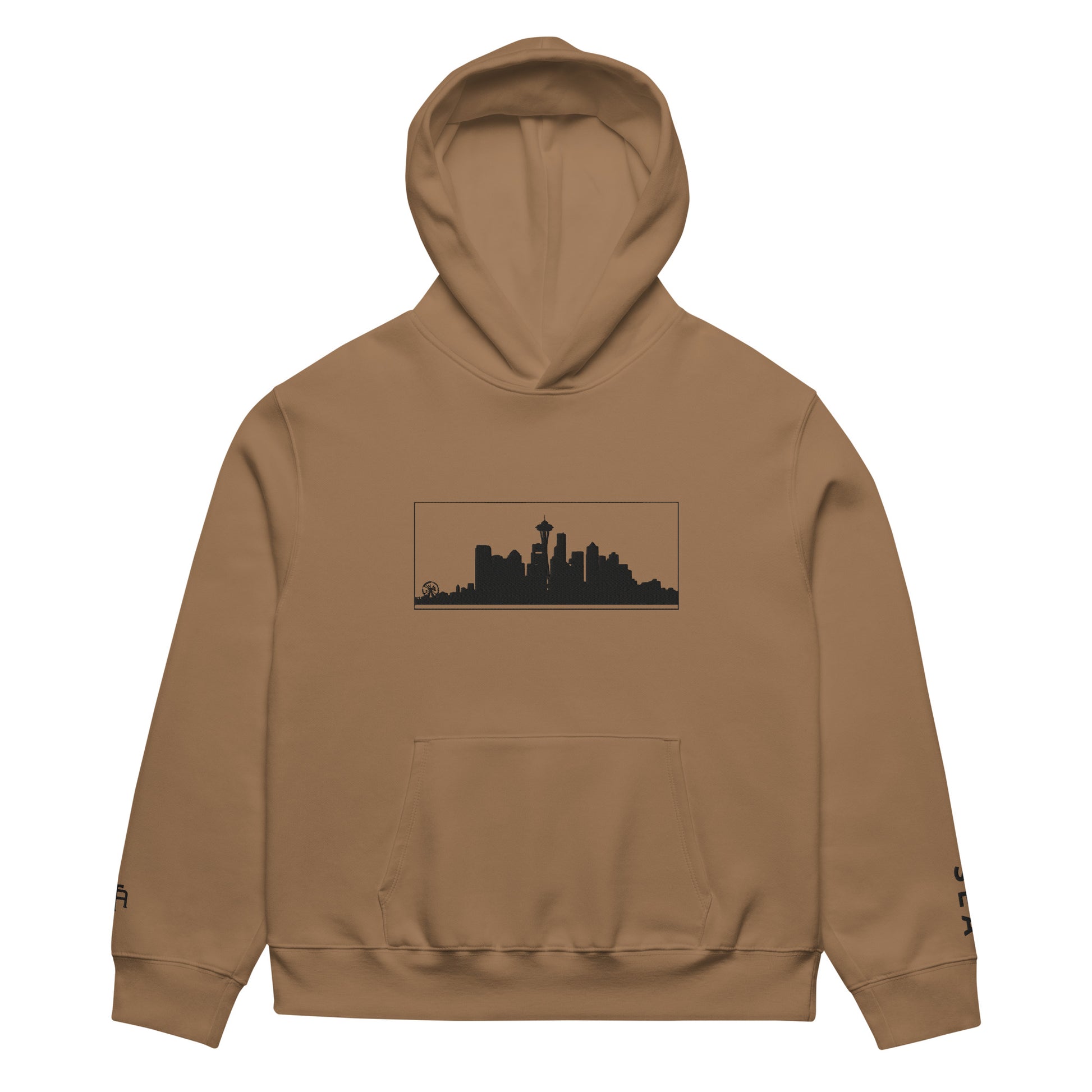 Vintage Brown Seattle Edition oversized heavyweight hoodie featuring relaxed PNW style and embroidered Seattle skyline | Our City | An Athlete Trains