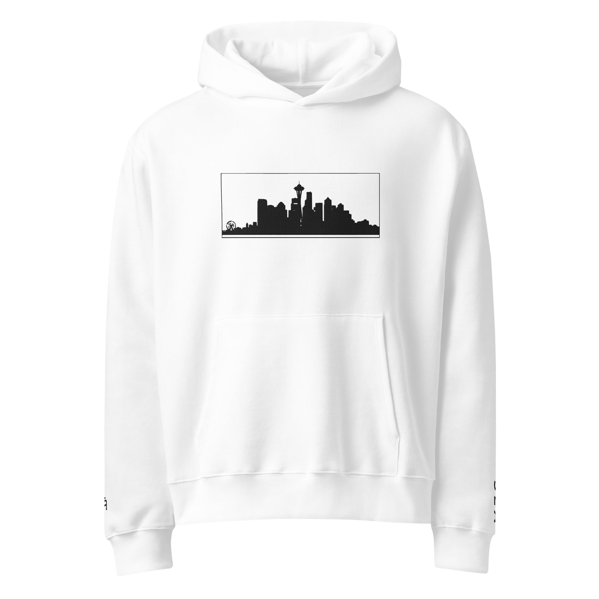 White Seattle Edition oversized heavyweight hoodie featuring relaxed PNW style and embroidered Seattle skyline | Our City | An Athlete Trains