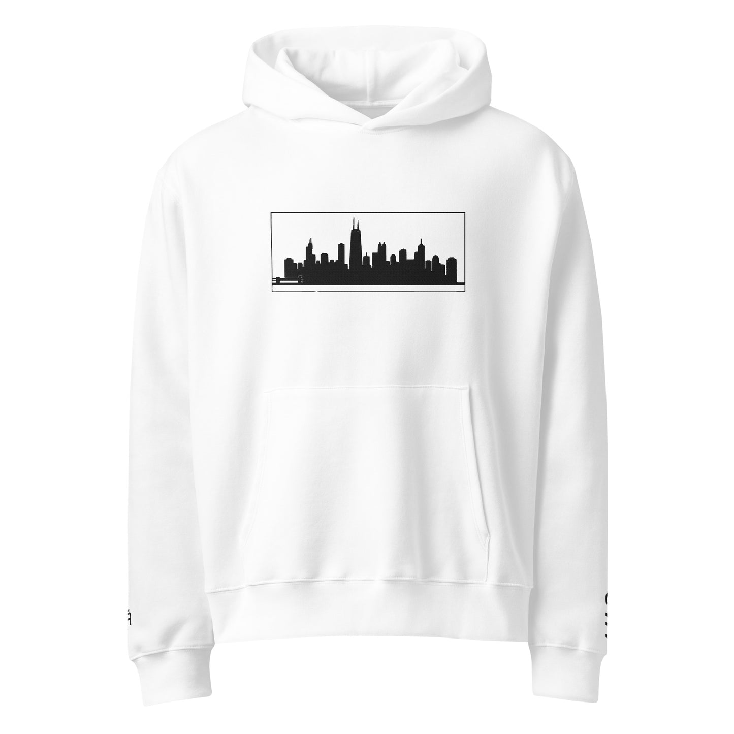 White Chicago Edition oversized 10oz hoodie featuring relaxed fit and high-density Chicago skyline embroidery | Our City | An Athlete Trains