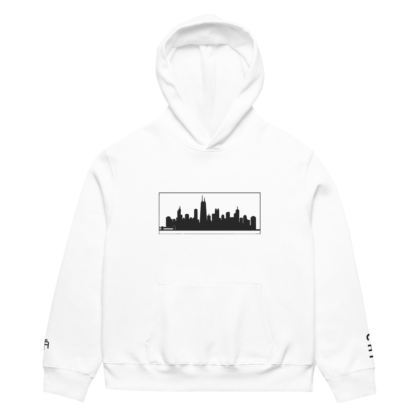 White Chicago Edition oversized 10oz hoodie featuring relaxed fit and high-density Chicago skyline embroidery | Our City | An Athlete Trains