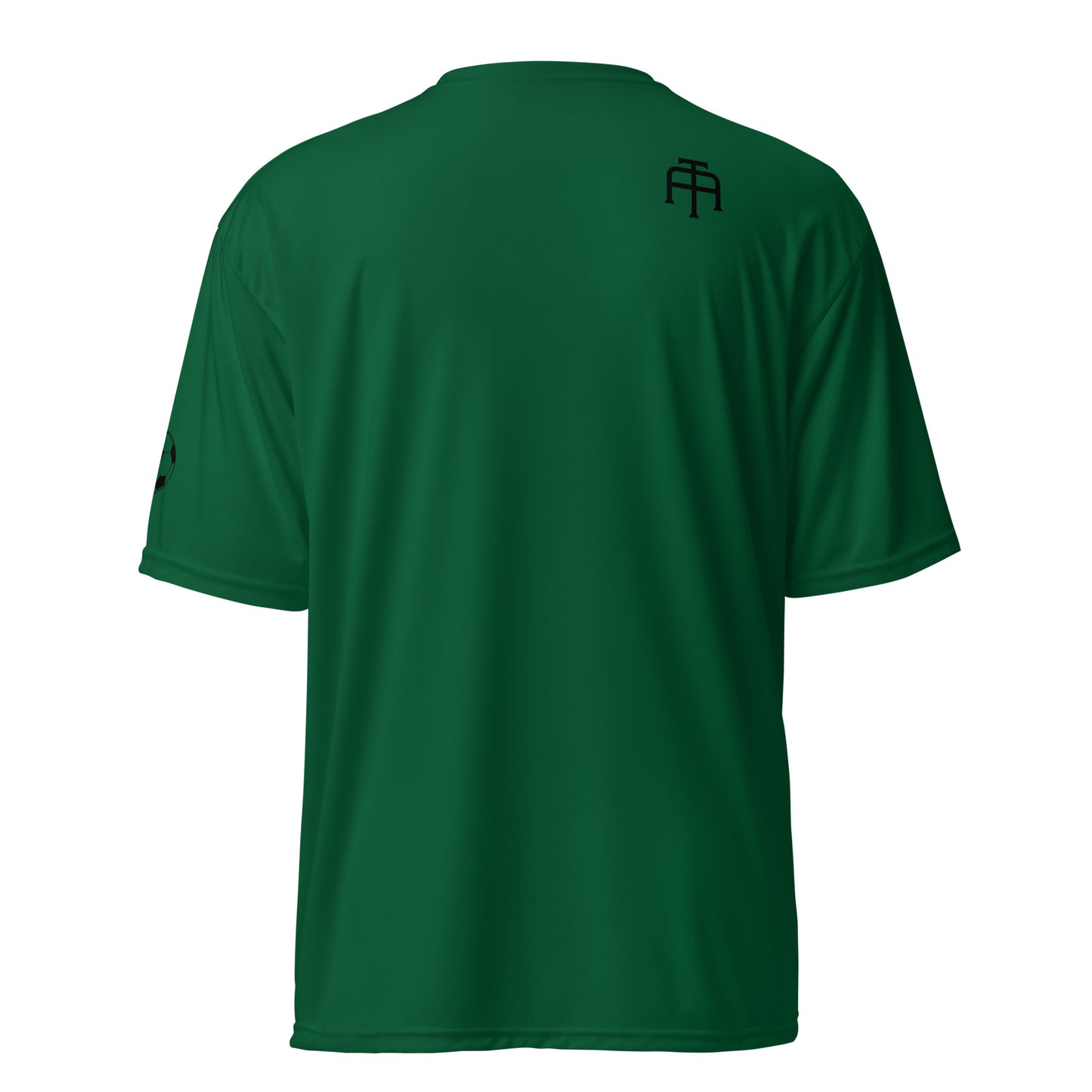 Unisex 4 oz performance crew neck in forest green with black SWITCH/ON and logo - snag-resistant and moisture-wicking training shirt - soccer edition 