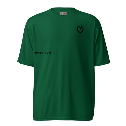 Unisex 4 oz performance crew neck in forest green with black SWITCH/ON and logo - snag-resistant and moisture-wicking training shirt - football edition 