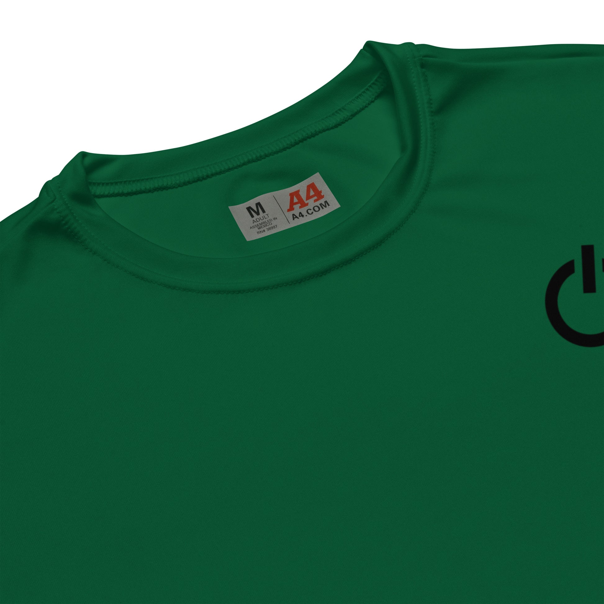 Unisex 4 oz performance crew neck in forest green with black SWITCH/ON and logo - snag-resistant and moisture-wicking training shirt - basketball edition 