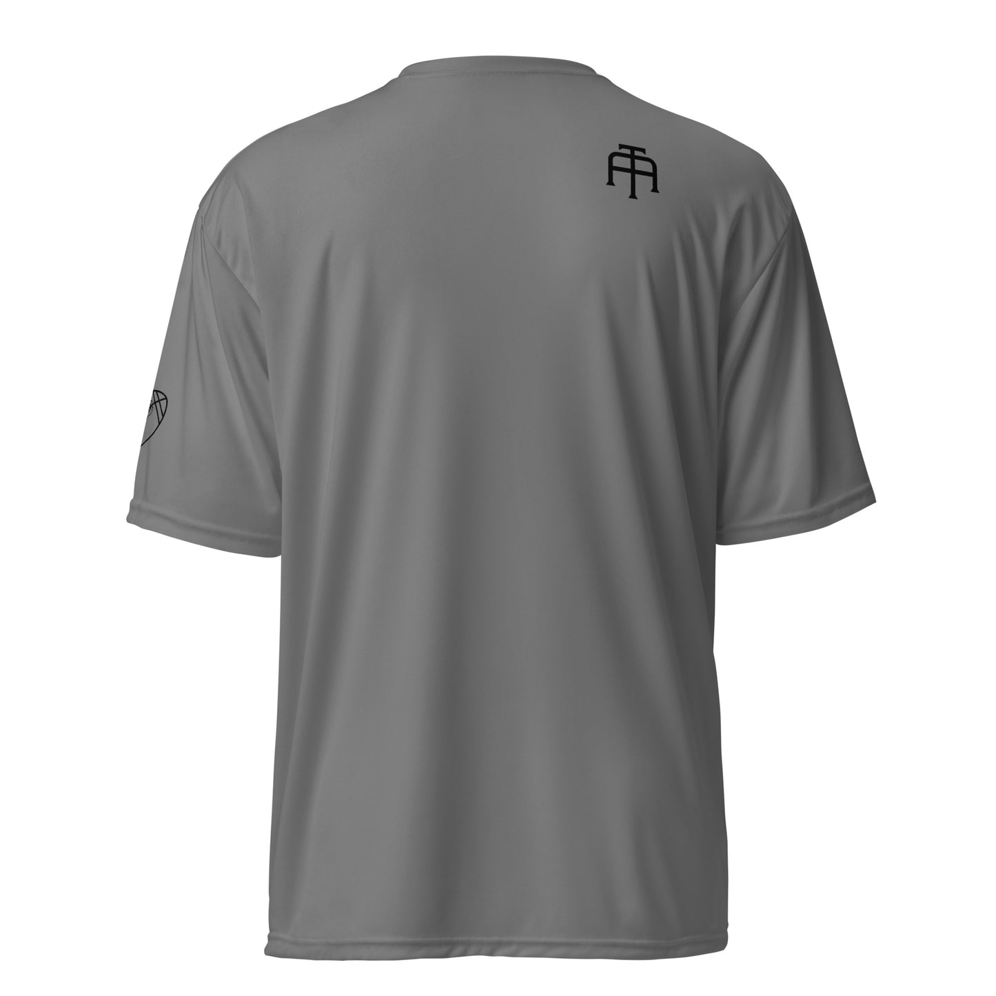 Unisex 4 oz performance crew neck in graphite with black SWITCH/ON and logo - snag-resistant and moisture-wicking training shirt - football edition 