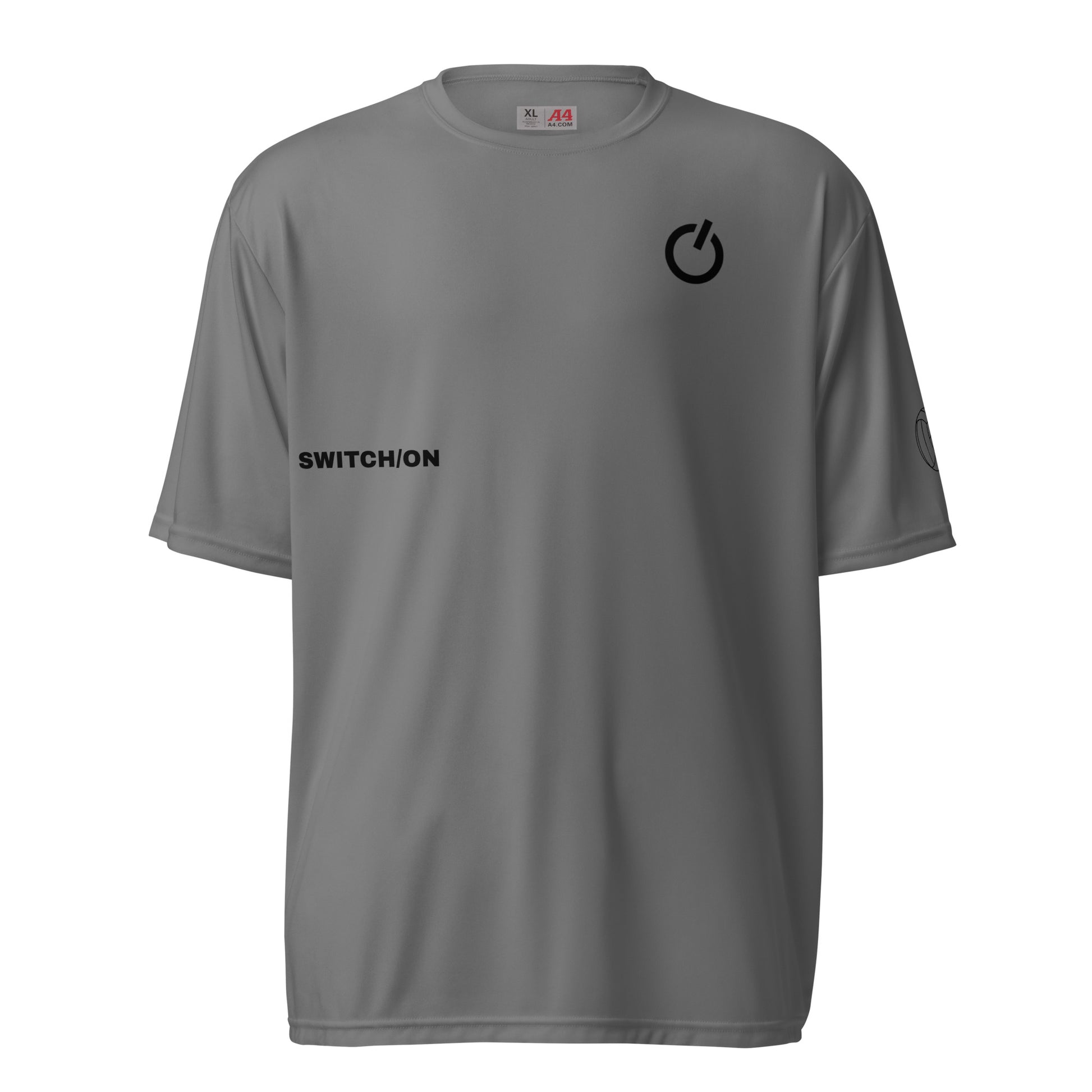 Unisex 4 oz performance crew neck in gray with black SWITCH/ON and logo - snag-resistant and moisture-wicking training shirt - volleyball edition 