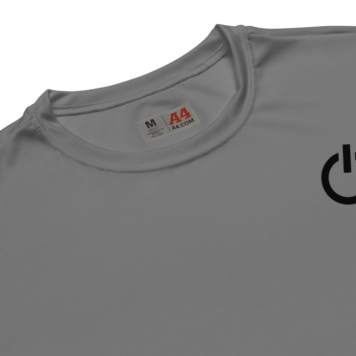 Unisex 4 oz performance crew neck in graphite with black SWITCH/ON and logo - snag-resistant and moisture-wicking training shirt - baseball edition 