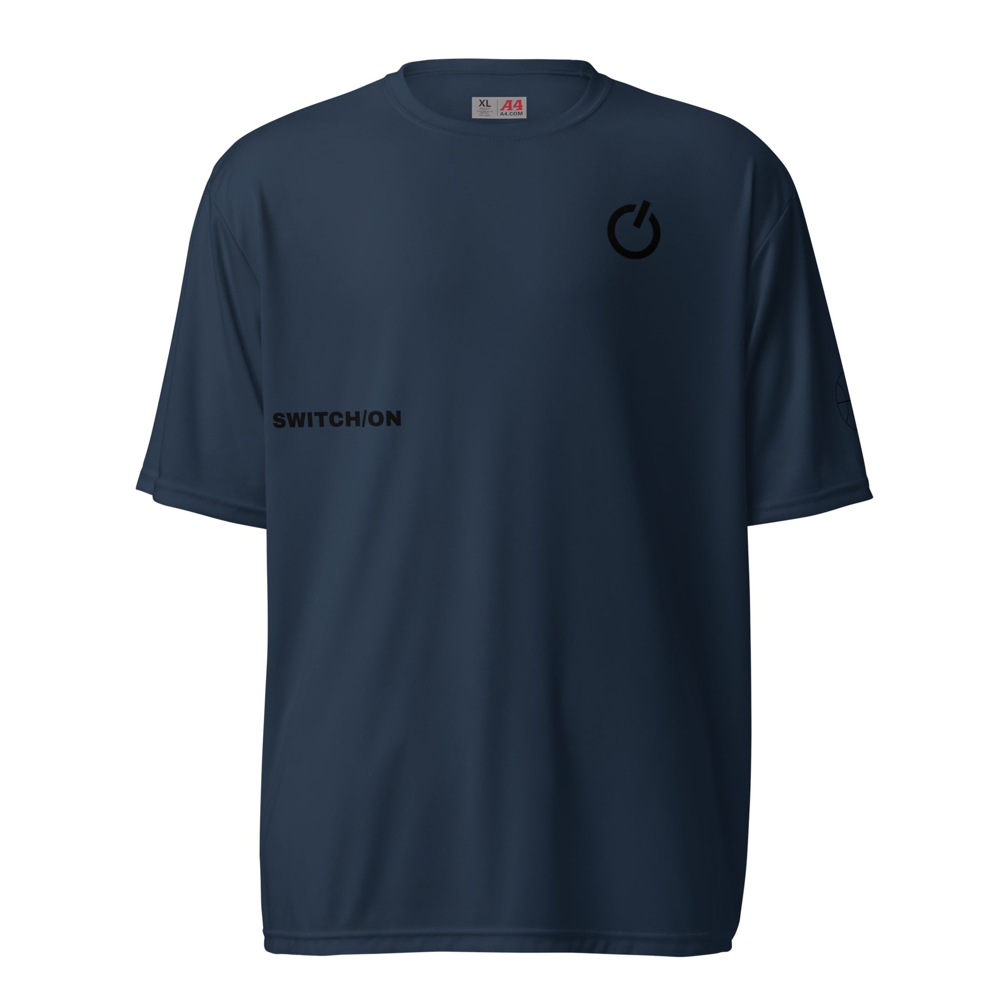 Unisex 4 oz performance crew neck in navy with black SWITCH/ON and logo embroidery - snag-resistant and moisture-wicking training shirt - basketball edition 