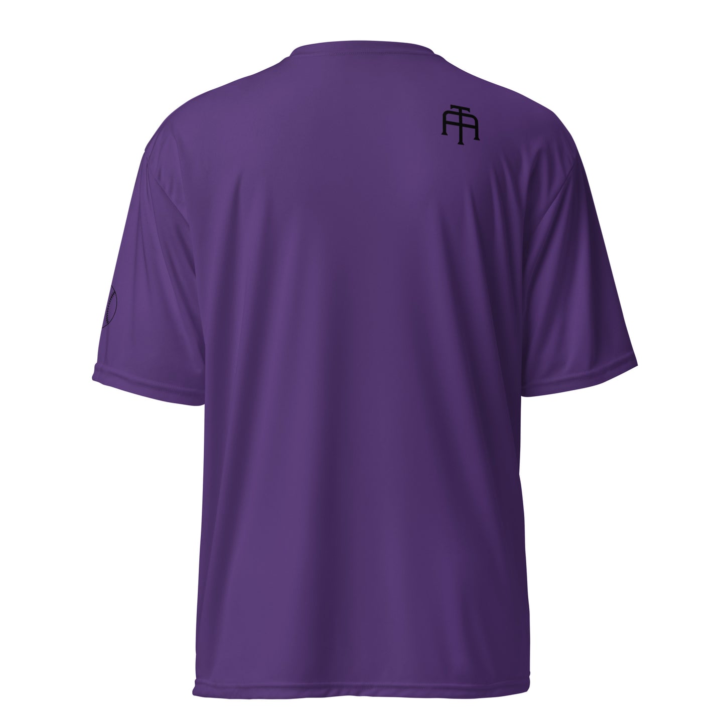 Unisex 4 oz performance crew neck in purple with black SWITCH/ON and logo - snag-resistant and moisture-wicking training shirt - baseball edition