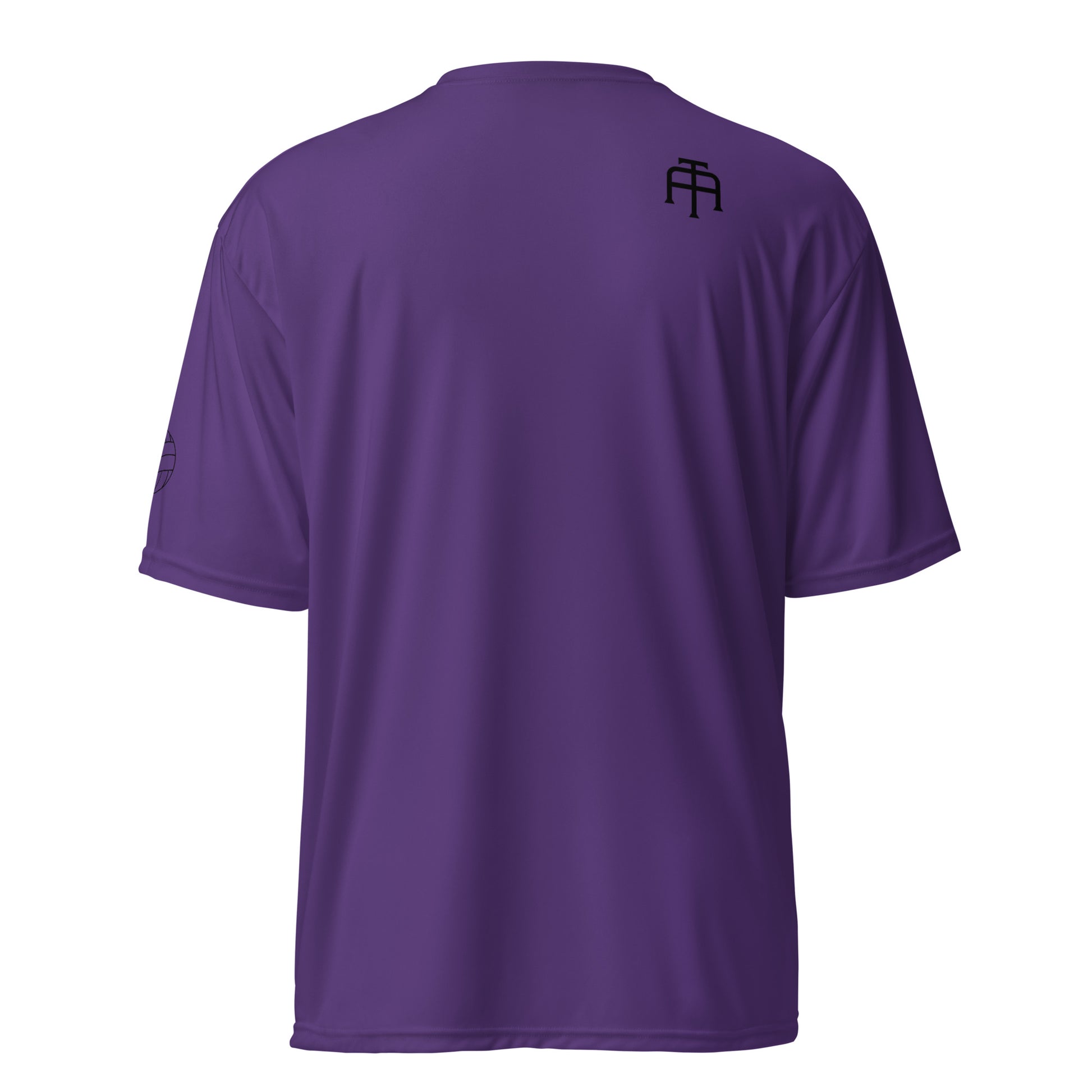 Unisex 4 oz performance crew neck in purple with black SWITCH/ON and logo - snag-resistant and moisture-wicking training shirt - volleyball edition 