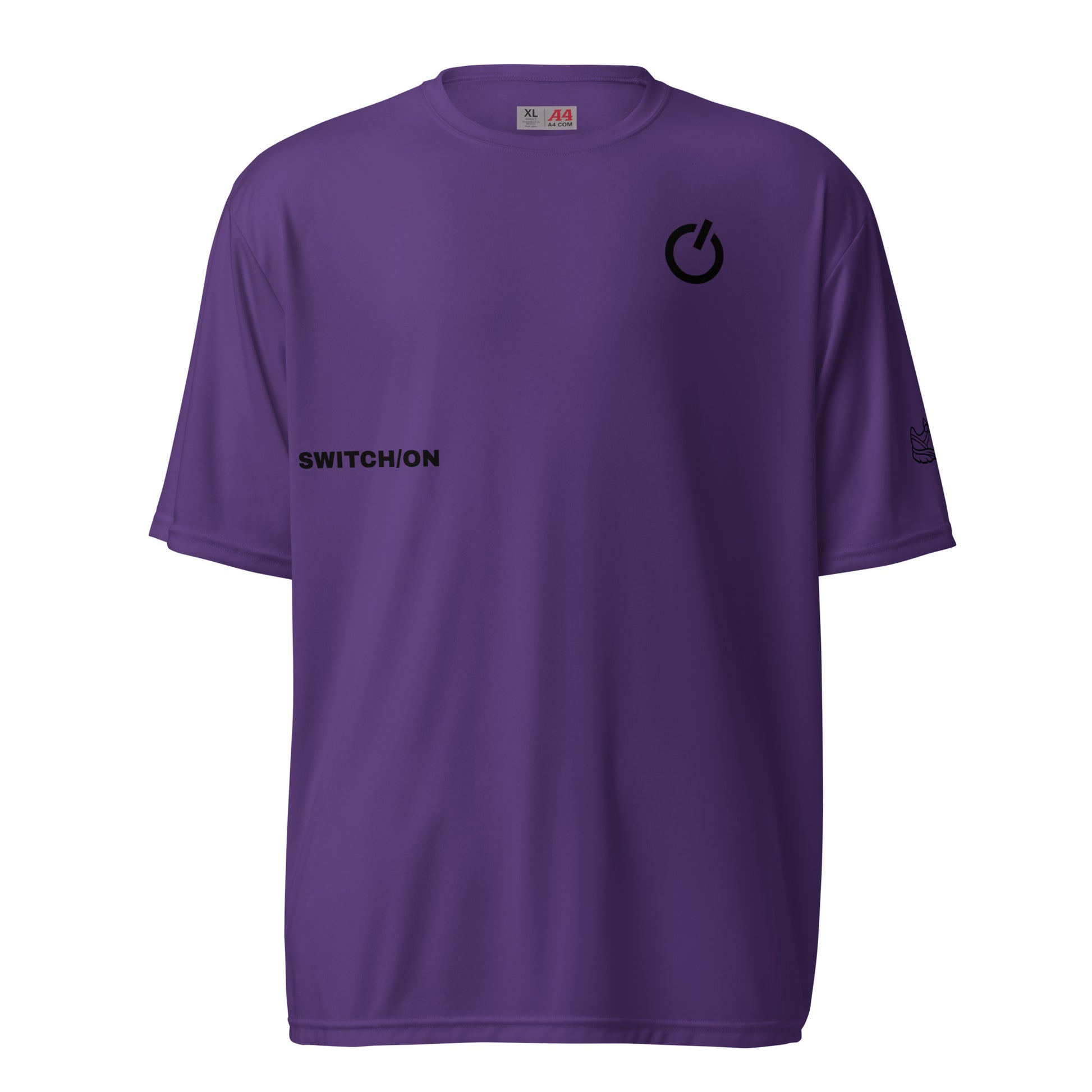 Unisex 4 oz performance crew neck in purple with black SWITCH/ON and logo - snag-resistant and moisture-wicking training shirt - running edition