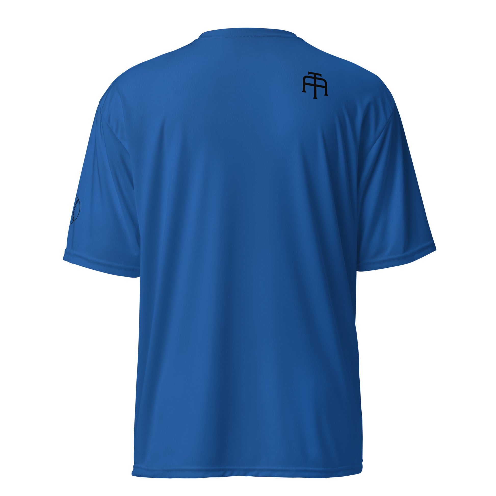Unisex 4 oz performance crew neck in Royal blue with black SWITCH/ON and logo - snag-resistant and moisture-wicking training shirt - baseball edition 
