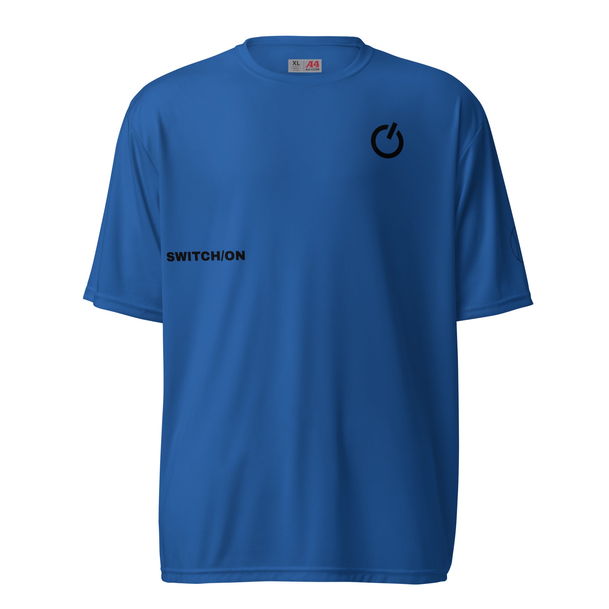 Unisex 4 oz performance crew neck in Royal blue with black SWITCH/ON and logo - snag-resistant and moisture-wicking training shirt - tennis edition 