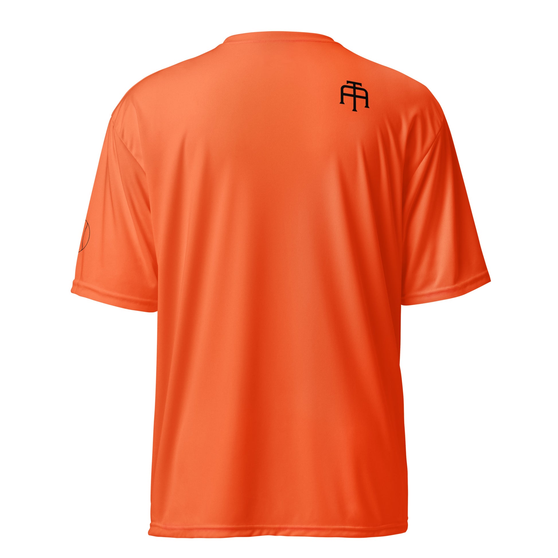 Unisex 4 oz performance crew neck in orange with black SWITCH/ON and logo - snag-resistant and moisture-wicking training shirt - tennis edition 