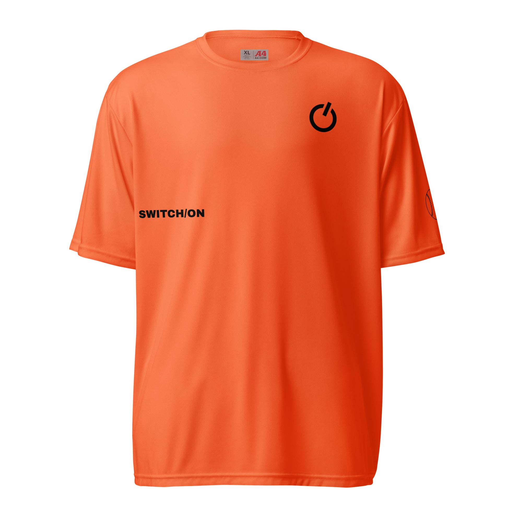 Unisex 4 oz performance crew neck in orange with black SWITCH/ON and logo - snag-resistant and moisture-wicking training shirt - baseball edition 