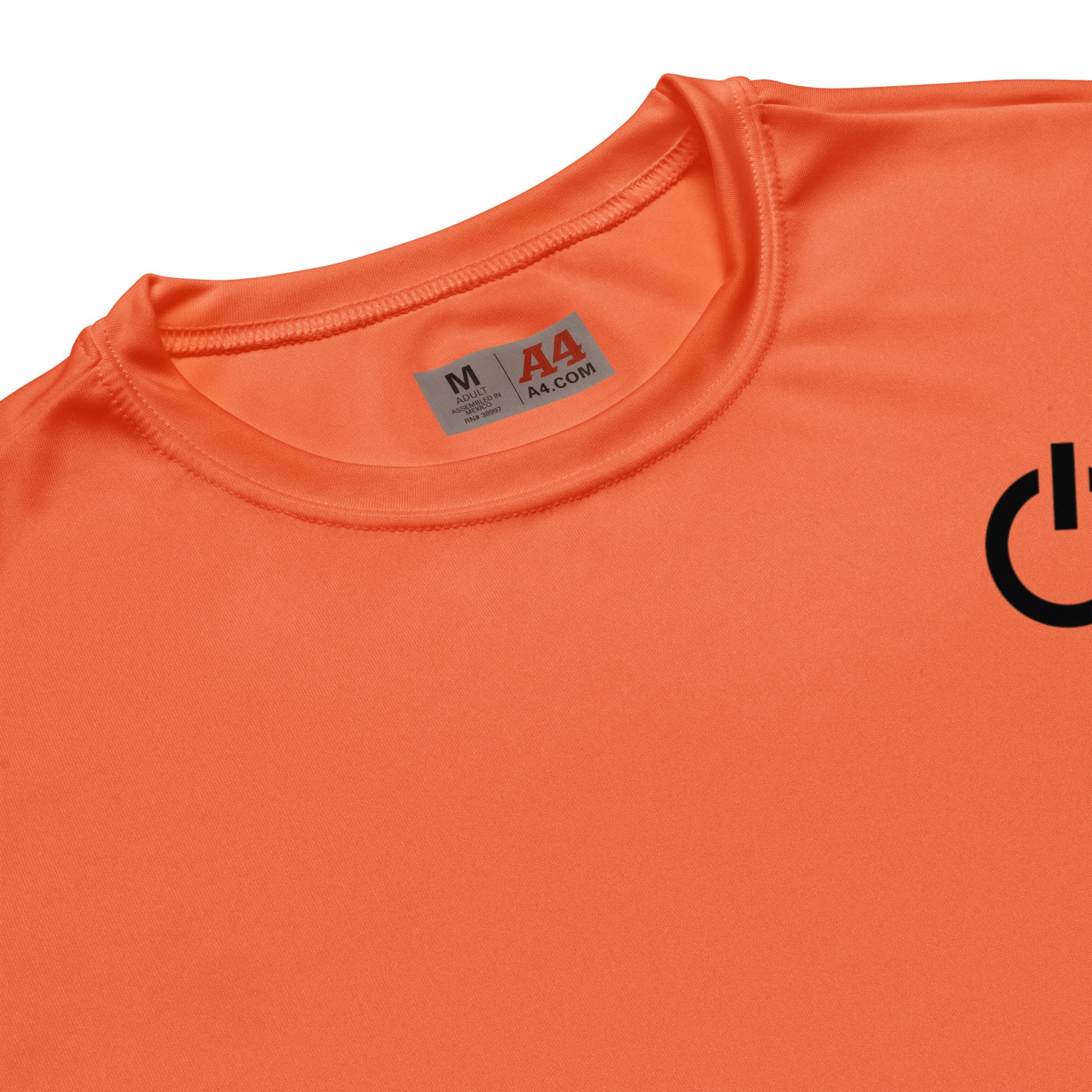 Unisex 4 oz performance crew neck in orange with black SWITCH/ON and logo - snag-resistant and moisture-wicking training shirt - running edition 