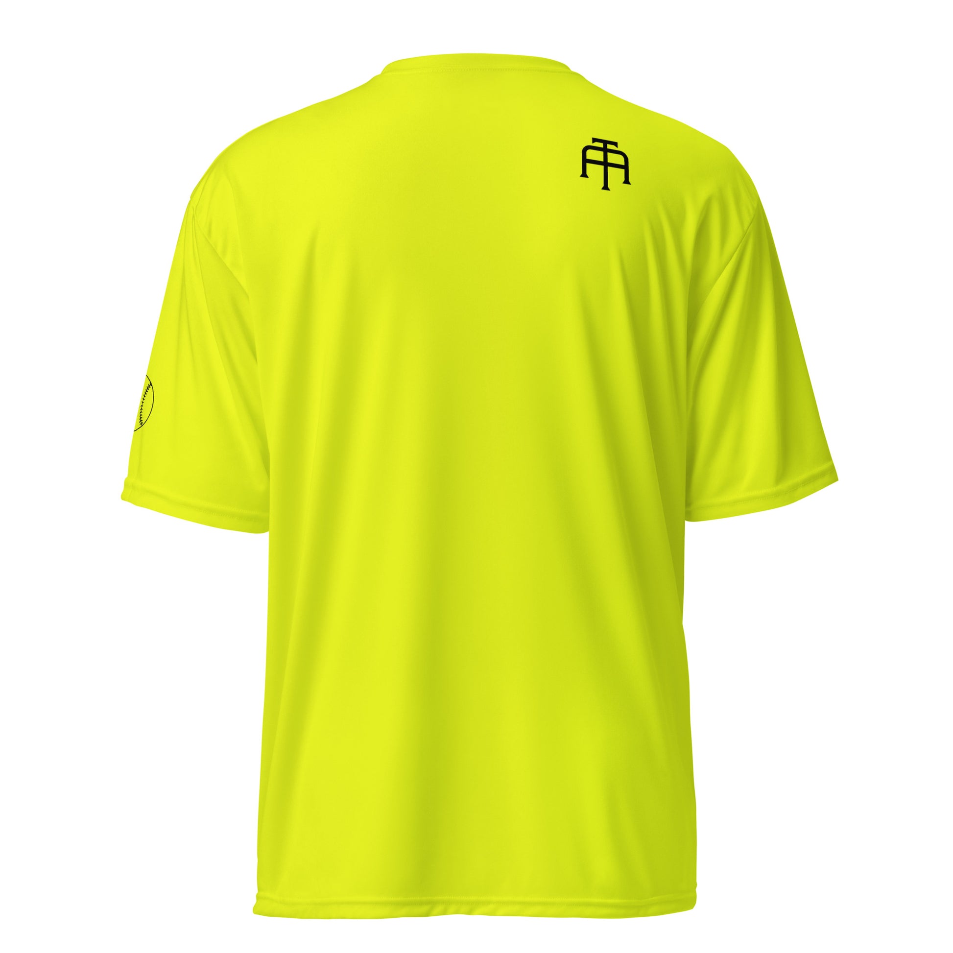 Unisex 4 oz performance crew neck in safety yellow with black SWITCH/ON and logo - snag-resistant and moisture-wicking training shirt - baseball edition 