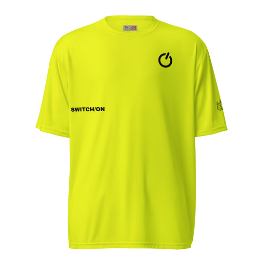 Unisex 4 oz performance crew neck in safety yellow with black SWITCH/ON and logo - snag-resistant and moisture-wicking training shirt - running edition 