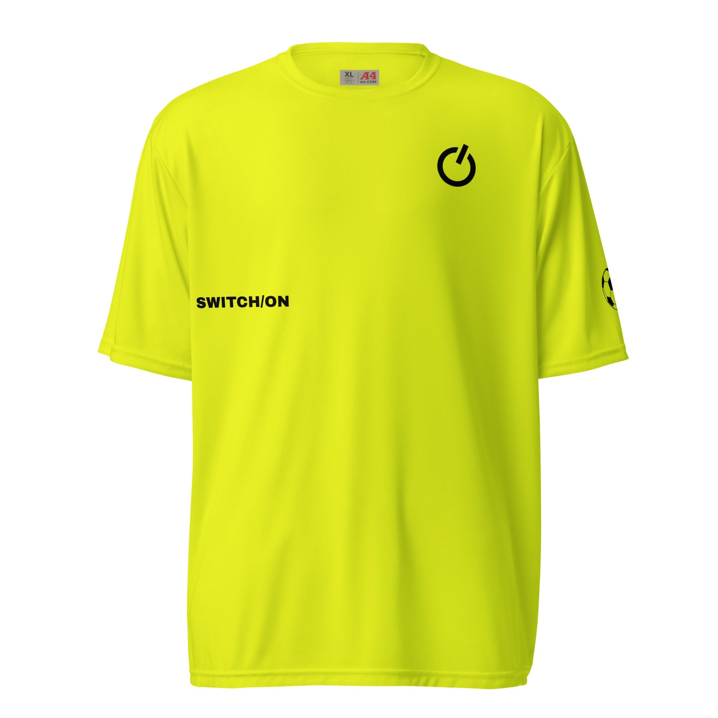 Unisex 4 oz performance crew neck in safety yellow with black SWITCH/ON and logo - snag-resistant and moisture-wicking training shirt - soccer edition 