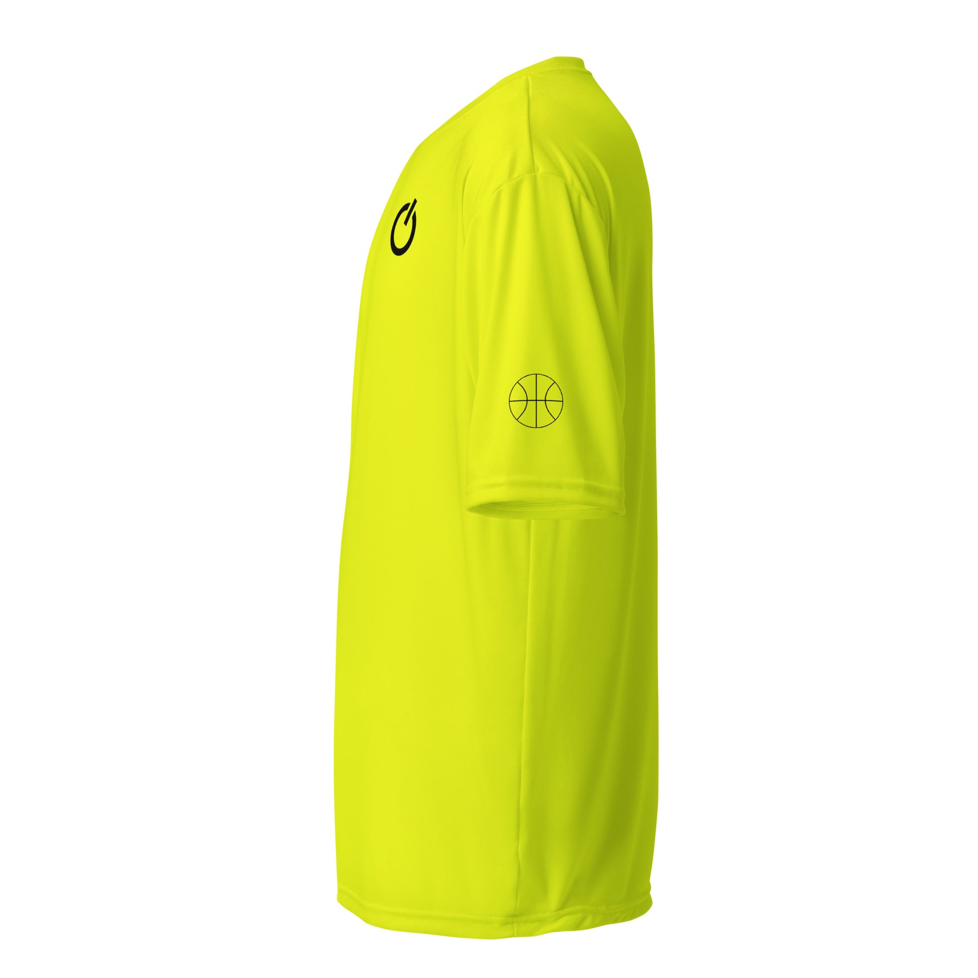 Unisex 4 oz performance crew neck in safety yellow with black SWITCH/ON and logo embroidery - snag-resistant and moisture-wicking training shirt - basketball edition 