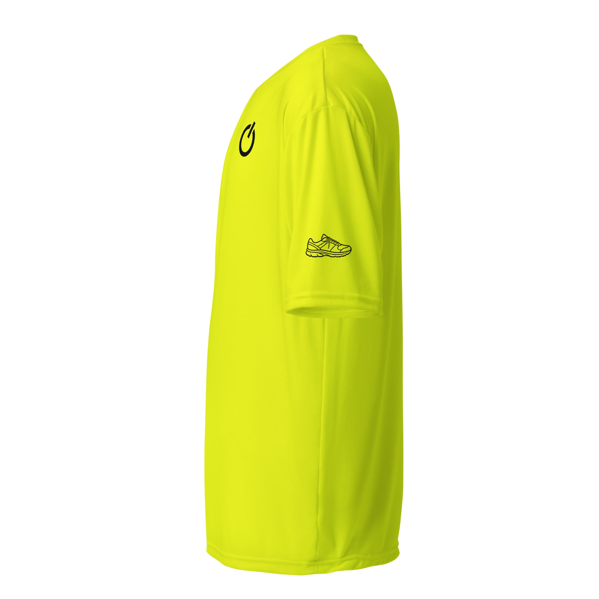 Unisex 4 oz performance crew neck in safety yellow with black SWITCH/ON and logo - snag-resistant and moisture-wicking training shirt - running edition 