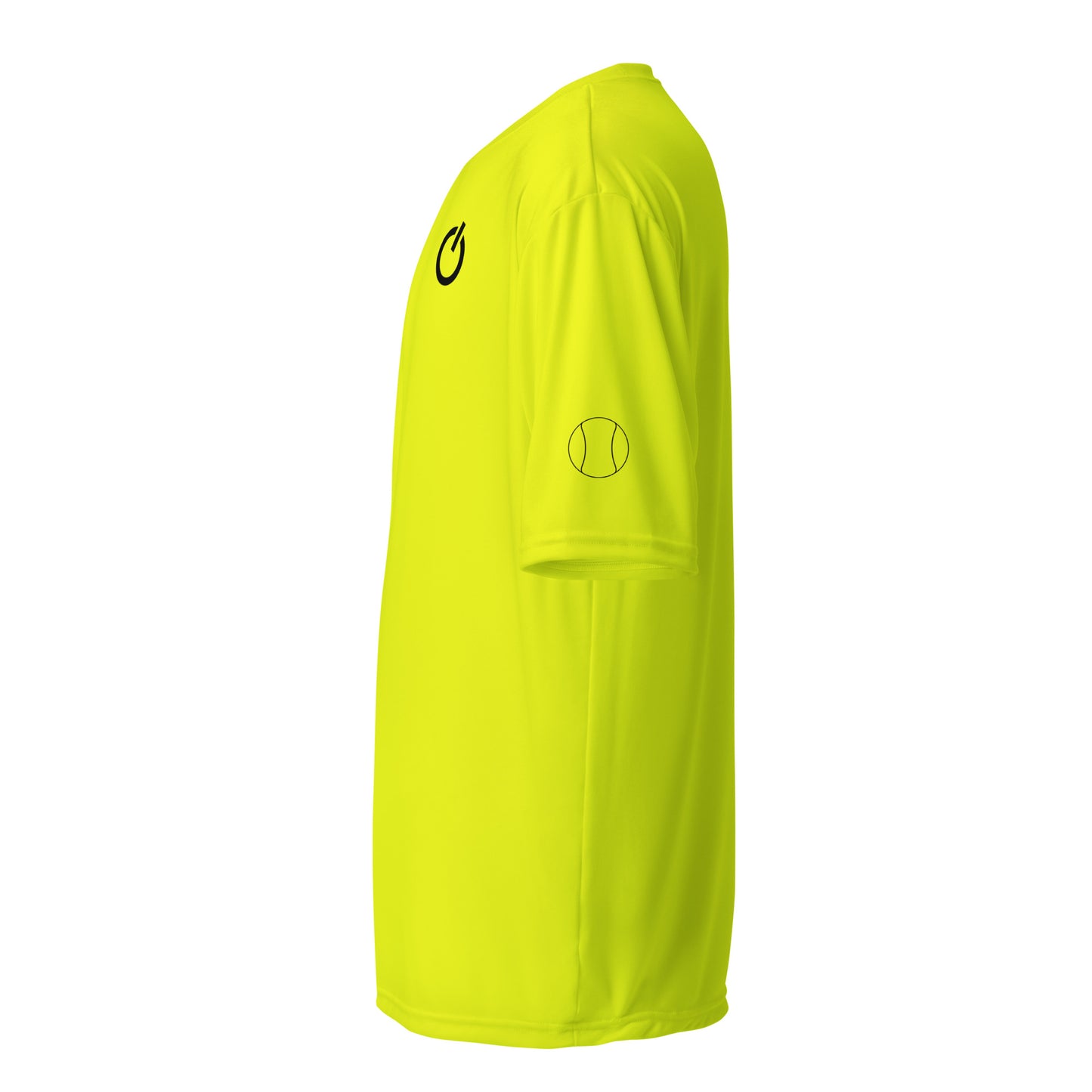 Unisex 4 oz performance crew neck in safety yellow with black SWITCH/ON and logo - snag-resistant and moisture-wicking training shirt - tennis edition 