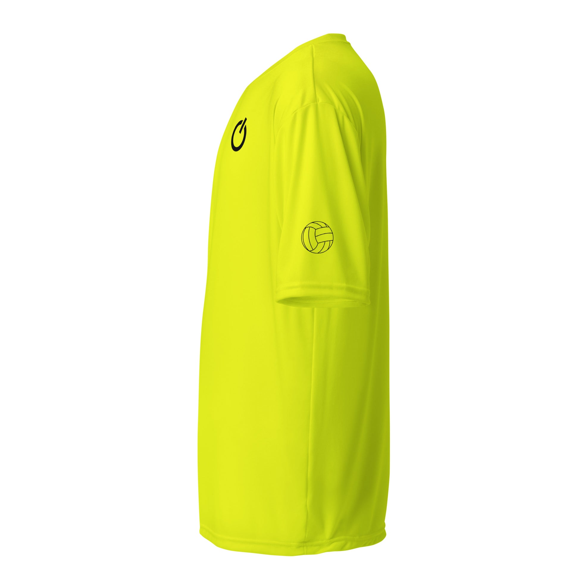 Unisex 4 oz performance crew neck in safety yellow with black SWITCH/ON and logo - snag-resistant and moisture-wicking training shirt - volleyball edition 